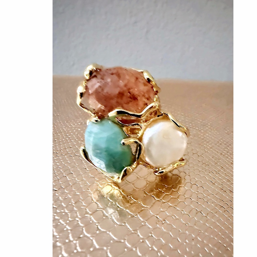 GOLD TONE LARGE STONES STATEMENT BOHO ADJUSTABLE RING!